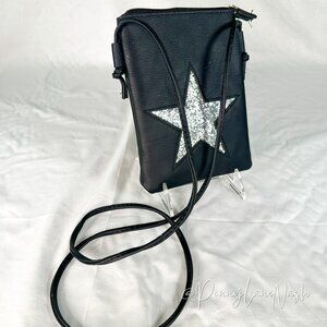Vintage Silver Metallic Star Crossbody Shoulder Bag Black